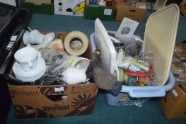 Box and a Laundry Basket of Pottery and Glassware