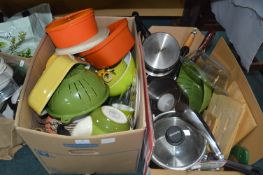 Two Boxes of Kitchenware, Pans, Serving Bowls, Ute