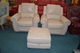 Pair of Cream Leather Armchairs and Matching Stora