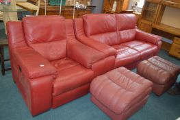 Red Leather Two Seat Sofa, Armchair, and Two Pouff
