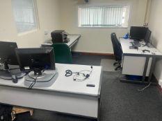 *Assorted Office Furniture & IT Equipment to include 8 Desks, Desktop Pcs, Printers, Stand Alon