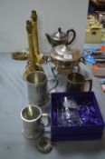 Plated Teapots, Pewter Tankards, and Brass Table L