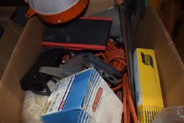 *Box of LED Floodlights, 240v Extensions, Four Hand Saws, etc.
