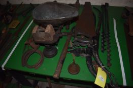 Assorted Tools; Saws, Hammers, Balance Scales, etc.