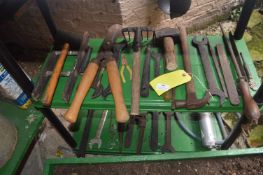 Two Shelves of Spanners, Hand Rake, Saw, Files, etc.