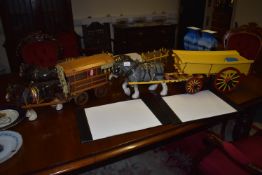 Five Pottery Shire Horses and Four Trailers