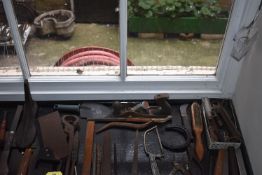 Items on Windowsill; Files, Saws, Wood Drills, Plane, Crowbar, etc.