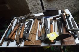 Assorted Tools; Hand Drill, Chisels, Set Square, Hatchet, etc.