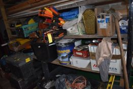 Shelf Containing Bucket and Straps, Box of Assorted Chemicals, Printer, Hand Dryer, etc.