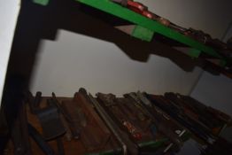 Shelf of Assorted Tools; Spanners, Panel Tool, Saws, etc.