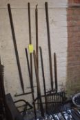 Eight Garden Tools; Forks, Crowbars, Knife, etc.
