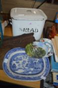 White Enamel Bread Bin, Blue & White Meat Plate, e