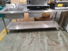 * S/S prep table with upstand to rear and right hand side - includes sink, drawer and undershelf.
