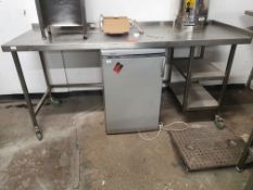 * S/S prep bench on castors with small shelves and space for undercounter appliences