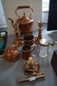 Copper Kettle, Candlesticks, Tankards, etc.