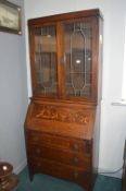 1930's Oak Bureau Bookcase with Leaded Glass Doors