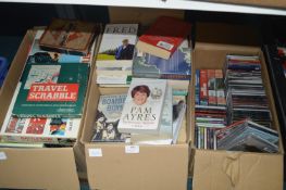 Three Boxes of Books, CDs, Videos, DVDs, etc.