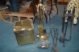 Brass Coal Box, Companion Set, and Fireside Implem