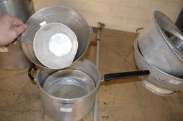 Two Aluminium Measuring Cups, Strainer, etc.