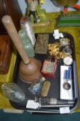 Tray Lot of Collectibles; Pocket Watches, Bottles,