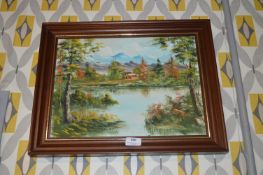 Framed Oil on Canvas Alpine Scene