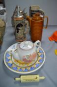 Three Large Steins, Teapot, etc.