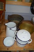 Two Brass Jam Pans, Enamel Jugs and Steamer, etc.