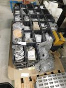 * Wall Mount Storage with approx 80 Bins of bolts etc marked Anglian Stainless