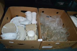 Two Boxes of Various Pottery Dishes, Cups, Jug, an