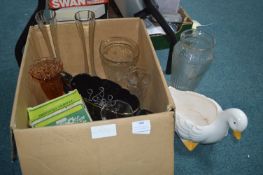 Box of Glass Vases, Swan Bowls, etc.