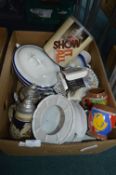Box of Various Tureens, Cups, Stein Jugs, etc.