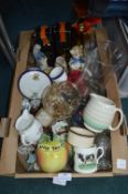 Box of Cups, Beakers, Milk Jugs, Figures, etc.