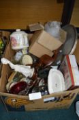 Box of Assorted Bric-a0Brac, Ornaments, Glass Shad