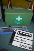 Steel Bus Stop Sign, Tile Cutter, and a Wooden Fir