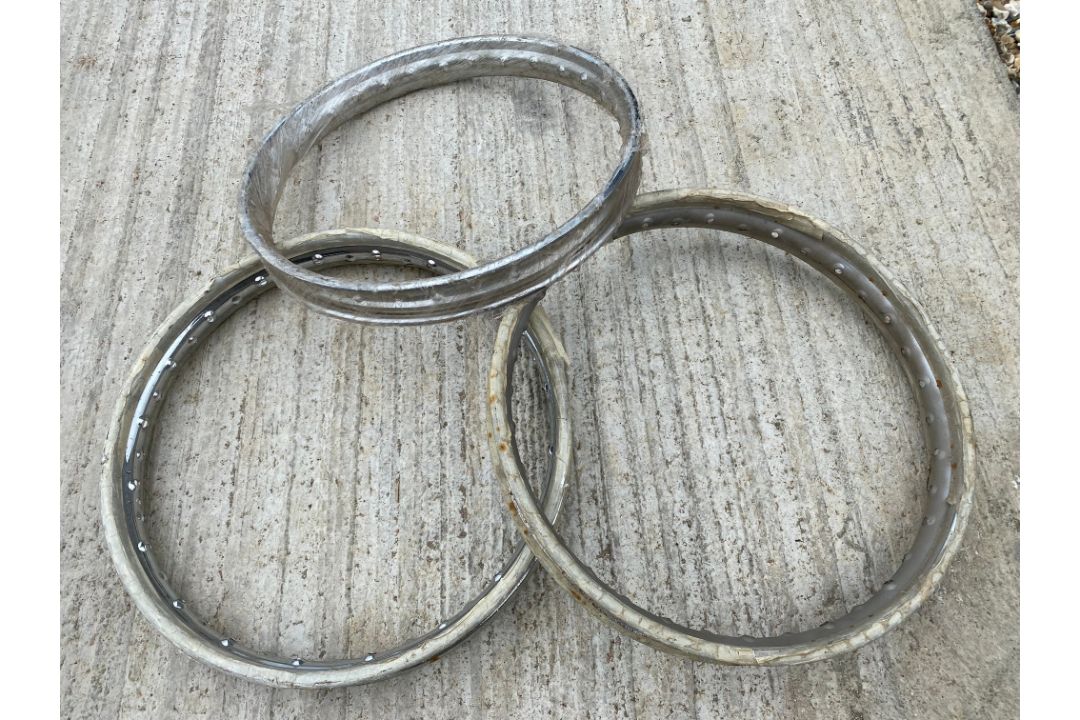 Three motorcycle rims, two appear to have been rechromed. - Image 1 of 3