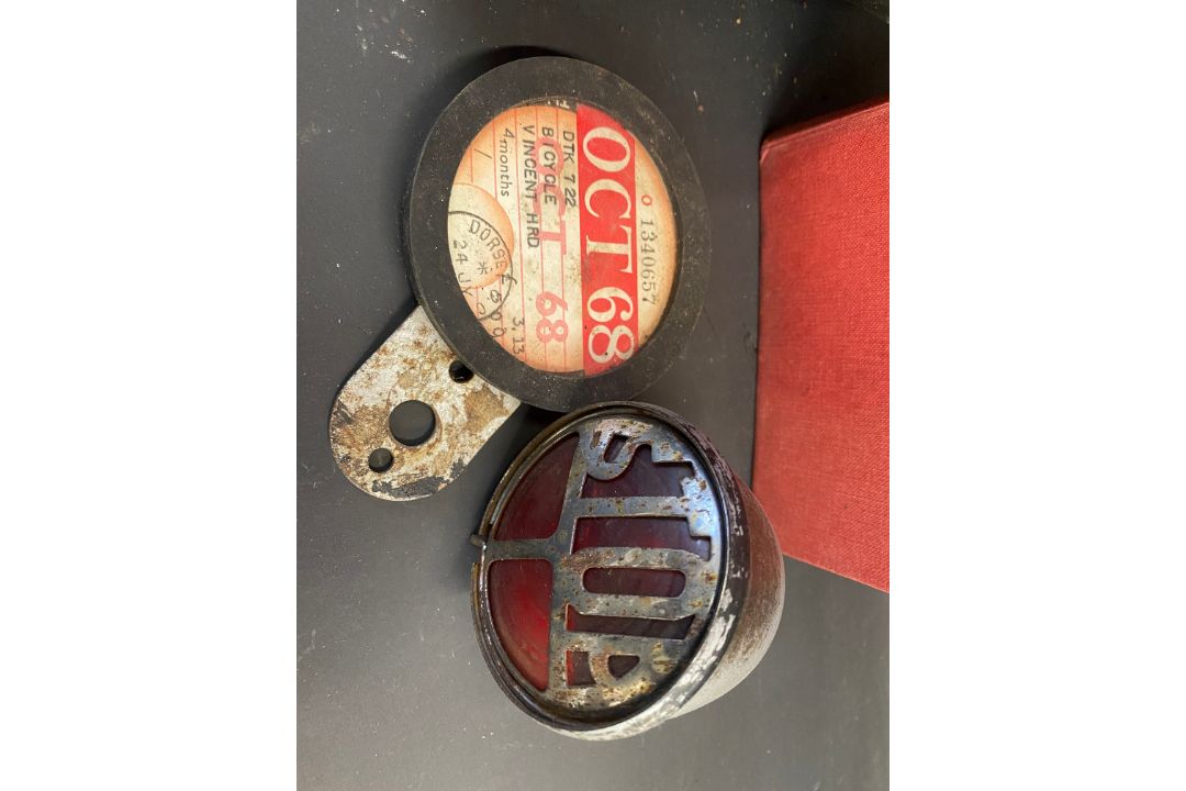 A Vincent Series B/C seat, a tax disc in holder for a Vincent HRD reg. no. DTK 722, October 1968, - Image 2 of 3