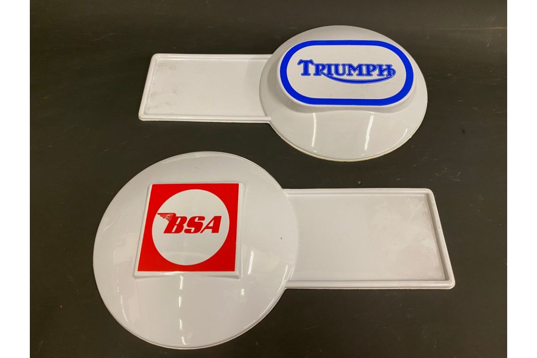 Two new old stock circa 1970s motorcycle showroom plastic price signs, one marked BSA, the other - Image 1 of 2