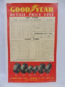 A Goodyear Tyres Retail Price List advertising poster, dated 1953, 21 3/4 x 35