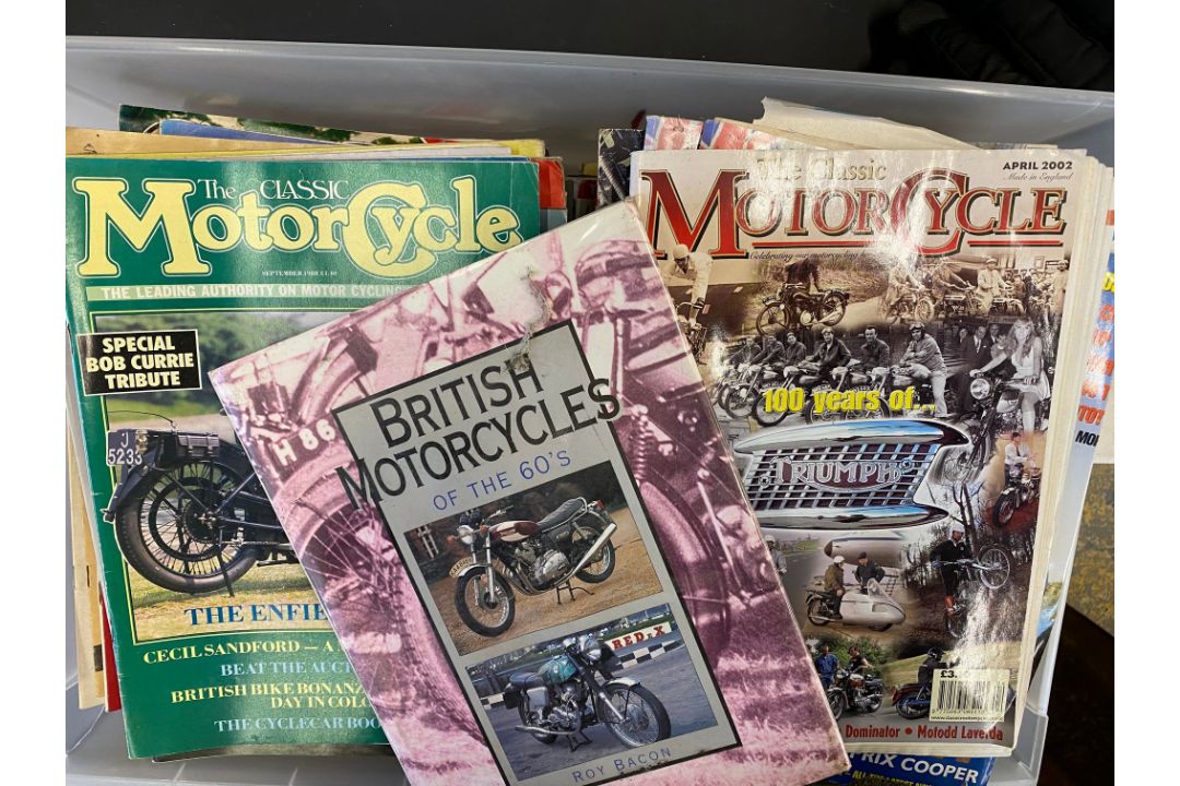 A collection of motorcycle magazines plus a single volume titled 'British Motorcycles of the 60'