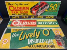 Three Oldham Batteries rectangular advertising posters, the largest 39 1/2 x 14 1/2