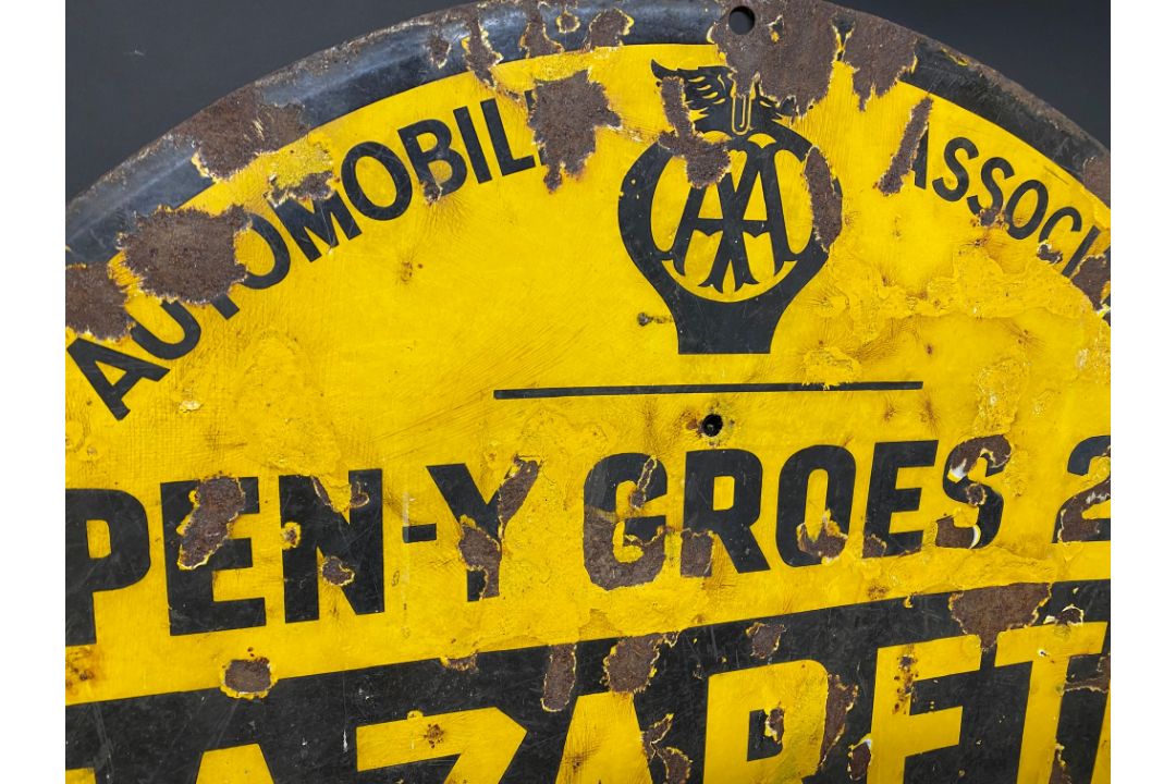 An AA circular yellow and black enamel road/village sign for Nazareth, made by Franco, older amateur - Image 2 of 5
