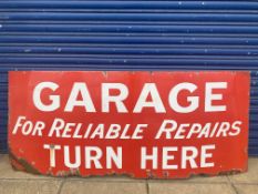 A large enamel sign advertising 'Garage for reliable repairs..', 72 x 30