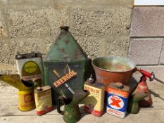 A five gallon pyramid can with Price's Energol reproduction paper labels, and various other cans
