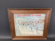 A framed and glazed older reproduction of a Beeston Tyres advertisement, 15 1/4 x13