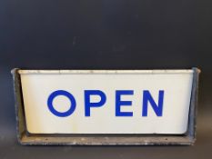 A garage forecourt spinning sign pediment for 'Open' and 'Closed', 15 3/4 x 7