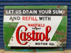 A large Wakefield Castrol 'Let us drain your sump' rectangular enamel sign, 48 x 36