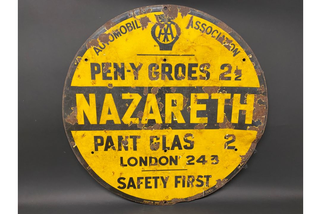 An AA circular yellow and black enamel road/village sign for Nazareth, made by Franco, older amateur - Image 1 of 5
