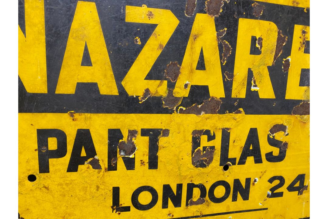 An AA circular yellow and black enamel road/village sign for Nazareth, made by Franco, older amateur - Image 3 of 5