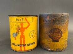 A Shell Motor Grease 1lb tin, with robot/stick man motif, plus a Shell Retinax grease tin with