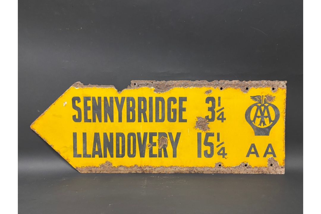 An AA double sided directional enamel sign, pointing towards Sennybridge and Llandovery, 30 x 11". - Image 2 of 2